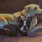 A painting of the profile of two dogs. A small darkly colored Boston Terrier looks toward the viewer in the foreground while a large Yellow Labrador Retriever in the background widely smiles off to the right. They are closely laying alongside each other on a soft dog bed. The painting is a variety of bright colors. The small Boston Terrier ISpainted with shades of cold blue, black, and dark purple. The big Yellow Labrador is painted with warm yellow, light blues, and warm purples.