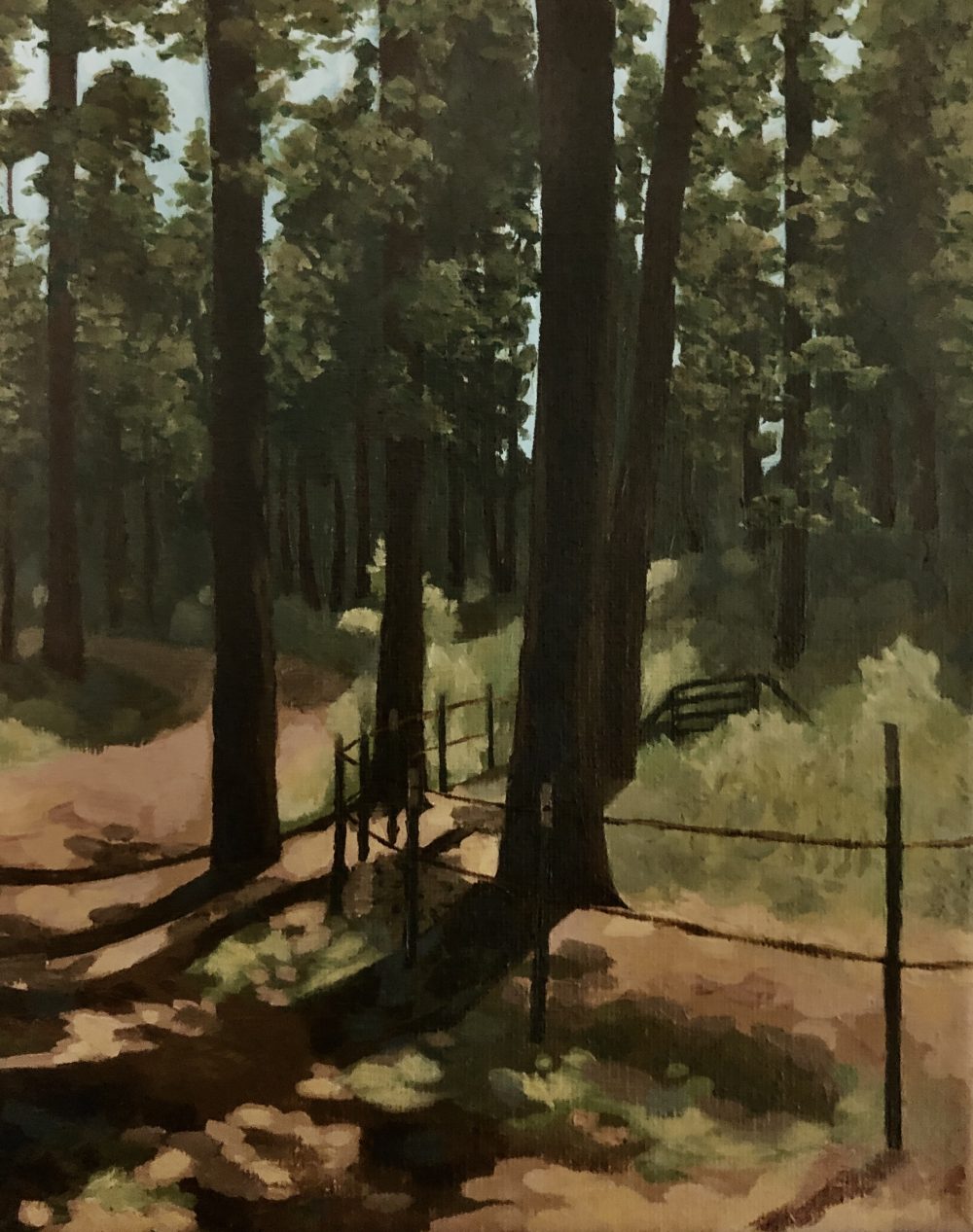 The painting shows a warm forest scene on a summer's day. There is a dirt path that starts in the foreground and swerves right before disappearing off to the left in the background. There is a shabby wire fence that follows the dirt path. There are a few dark figures of tall sparse trees in the foreground, and many of the same trees in the background. From the top right, sunlight cascades through the trees in the foreground which create beautiful long shadows in the bottom left foreground.