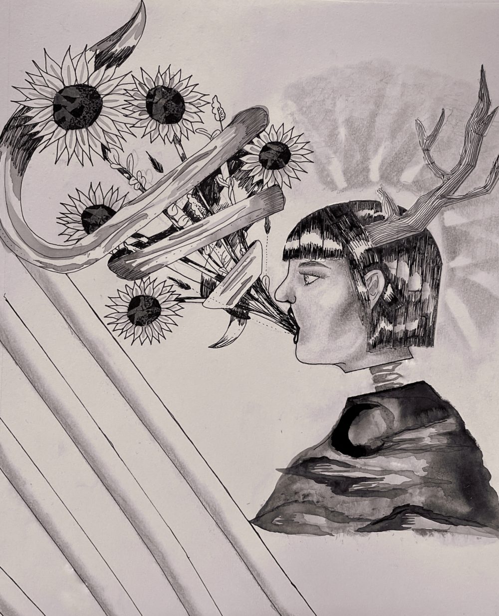 A drawing in black and white of a woman with antlers. She has flowers coming out of an open mouth that reach towards the sky. She has a slight halo around her. She has no neck. In its stead, attaching to her head is simply her vertebrae which travels down her spine and is then cut off by solid black sky. A ribbon wraps around the flowers from her mouth.