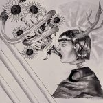 A drawing in black and white of a woman with antlers. She has flowers coming out of an open mouth that reach towards the sky. She has a slight halo around her. She has no neck. In its stead, attaching to her head is simply her vertebrae which travels down her spine and is then cut off by solid black sky. A ribbon wraps around the flowers from her mouth.