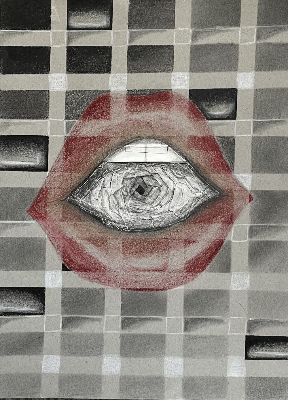 A drawing in black, white, and red. A pair of bright red lips is in the center with slight teeth showing. Inside the mouth is a spiral of tape descending into the mouth. Covering the whole image is gridded lines through the lips. In some squares made by the grid is black squares, with white pencil lining them to make them look shiny.