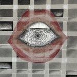 A drawing in black, white, and red. A pair of bright red lips is in the center with slight teeth showing. Inside the mouth is a spiral of tape descending into the mouth. Covering the whole image is gridded lines through the lips. In some squares made by the grid is black squares, with white pencil lining them to make them look shiny.