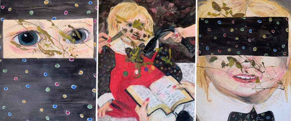 A 3 panel drawing made with chalk pastels. The first panel focuses on the eyes, the same as the face of the child sitting up in the middle panel, and the last panel has the eyes blocked out, on a close up of the face of the child in the middle panel. The middle panel shows a child sitting with hands coming from out of the frame one holding a belt, and pointing threatening the child, the next set is holding open a bible, and the last hand is holding a makeup brush to the face of the child. Each panel has varying levels of paint splattered across them to mess up the images.