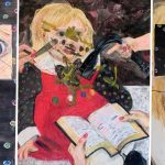 A 3 panel drawing made with chalk pastels. The first panel focuses on the eyes, the same as the face of the child sitting up in the middle panel, and the last panel has the eyes blocked out, on a close up of the face of the child in the middle panel. The middle panel shows a child sitting with hands coming from out of the frame one holding a belt, and pointing threatening the child, the next set is holding open a bible, and the last hand is holding a makeup brush to the face of the child. Each panel has varying levels of paint splattered across them to mess up the images.