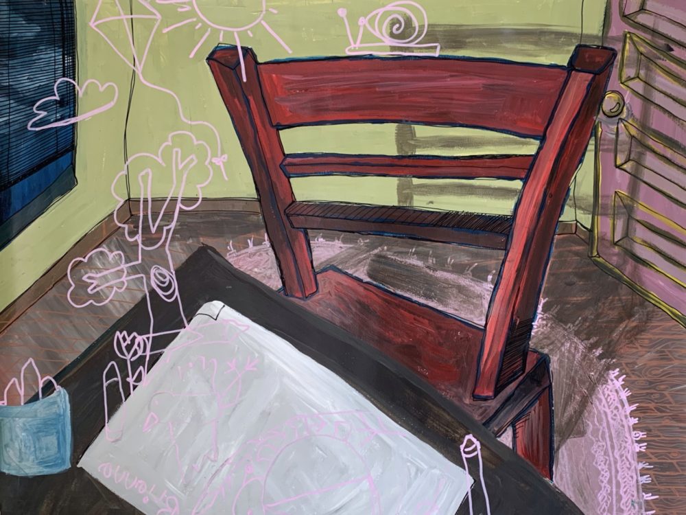 There’s a close up of a red chair near a table in a green room. There is a piece of paper and there are drawings in pink marker on the page. The drawings start to come off the page and spread over the left side of the piece. There are child-like drawings of a lady bug, a name, a tree, a few flowers, clouds, and a snail.
