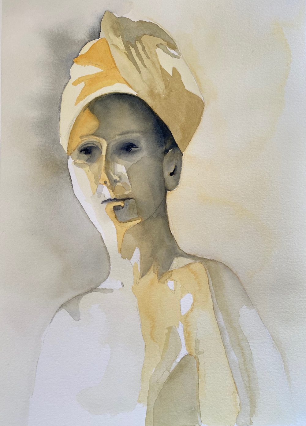 A yellow and gray portrait of a woman recovering from cancer.