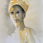 A yellow and gray portrait of a woman recovering from cancer.