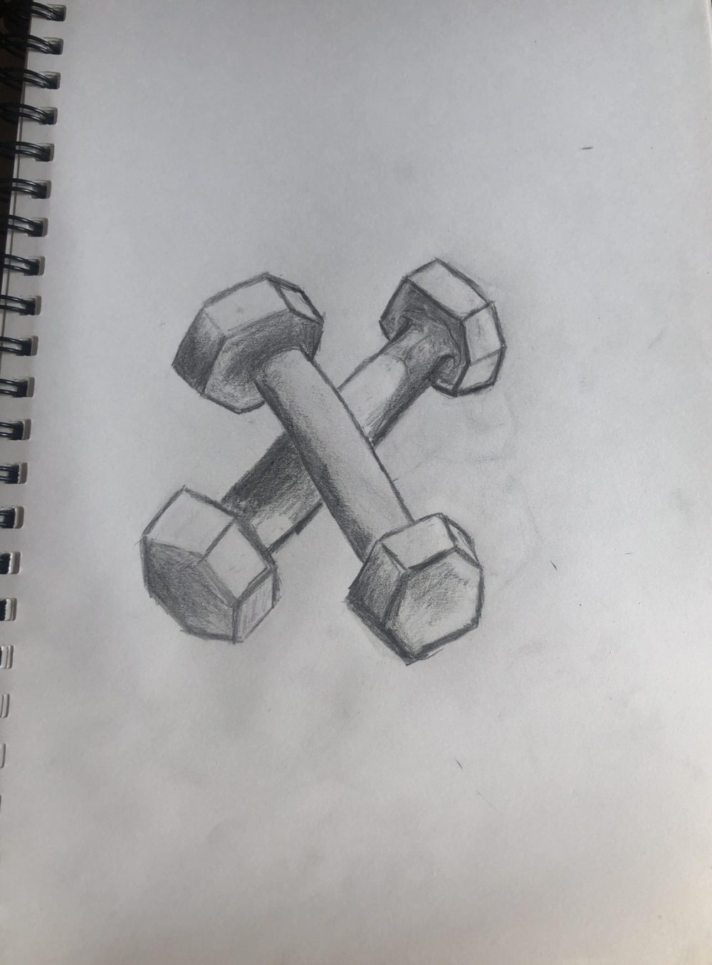 Drawing of two dumbbells, one laying on its side, the other one is crossed.