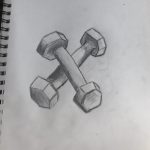 Drawing of two dumbbells, one laying on its side, the other one is crossed.