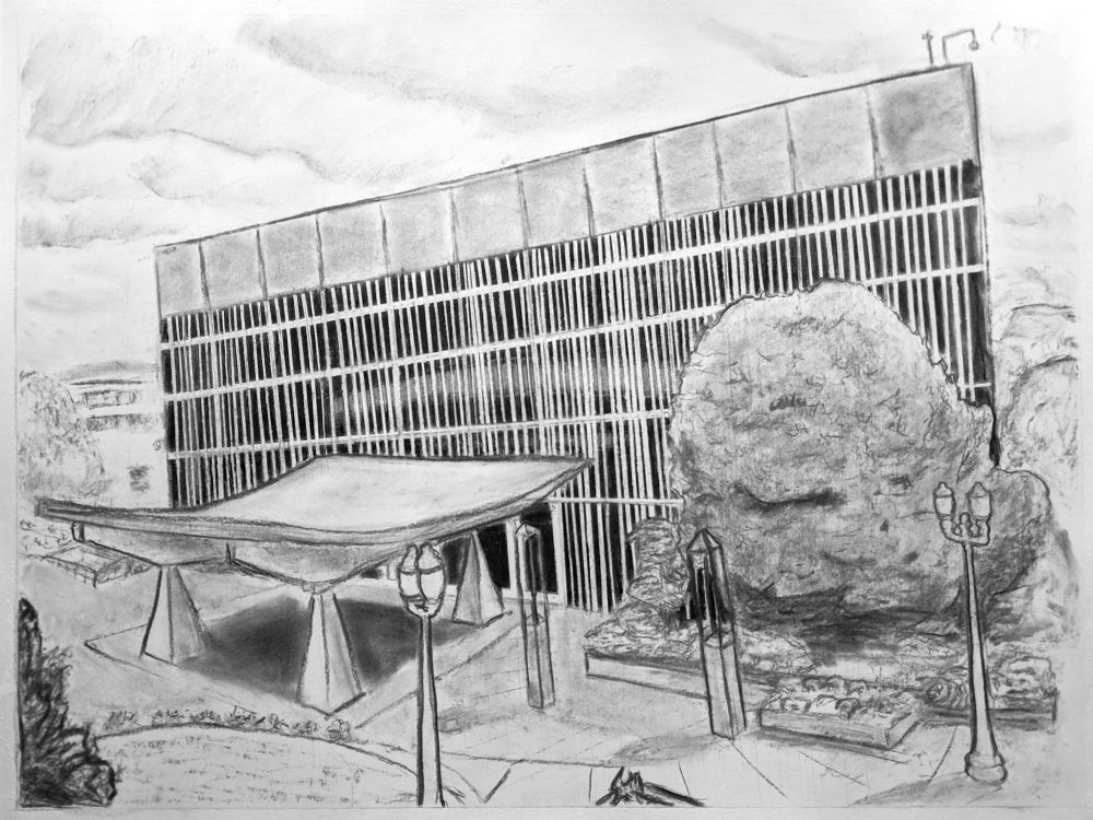 Charcoal drawing of Veteran's Memorial Coliseum.