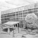 Charcoal drawing of Veteran's Memorial Coliseum.