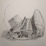 A drawing of a smoking smudge stick in a ceramic dish, next to a stack of coins, under a top hat that's leaning on a metronome with a small snail sculpture on its lip that's heading away from an empty rusted brass bell lamp lid with the artist's late grandmother's doily curled in it and around it that tumbles out and under the rusted brass lamp's footplate cover that holds all said items.