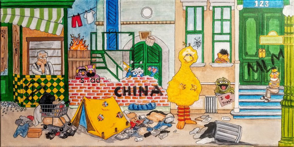 Brightly colored painting of Sesame Street after a riot, and it has upset the characters.