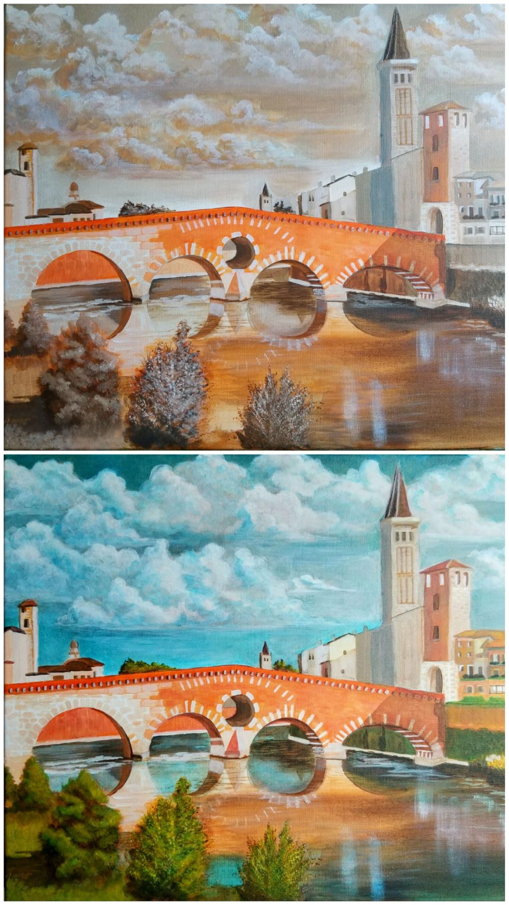 A painting in two stages with different color pallets, of the Bridge of Tiberius in Italy.