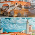 A painting in two stages with different color pallets, of the Bridge of Tiberius in Italy.