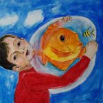 A painting in watercolor of a small boy looking at us while holding a bubble containing a goldfish to his chest.