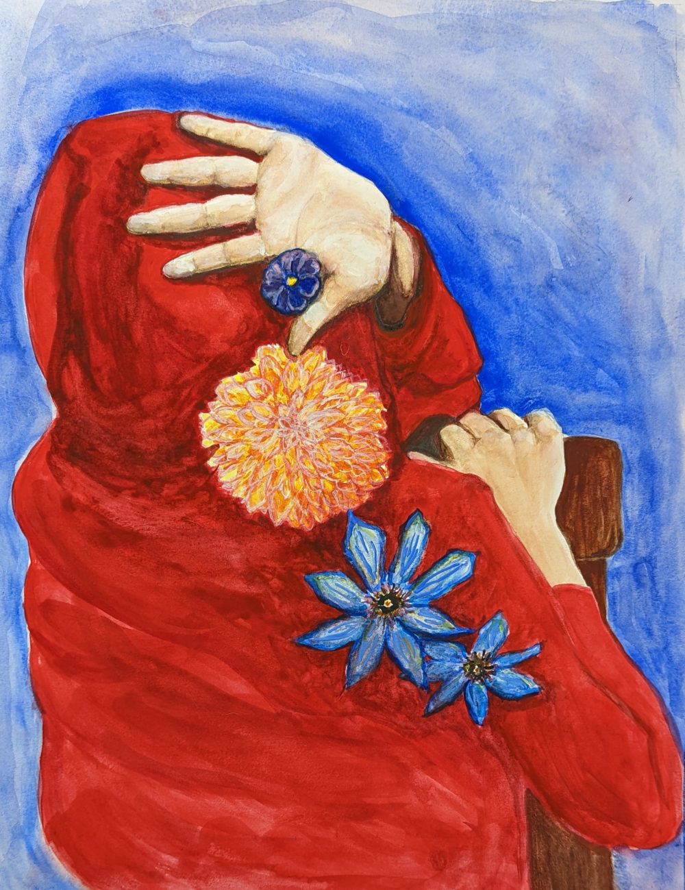 A watercolor showing the back of a person in a vivid red hoodie with a hand rejecting interaction with the viewer.