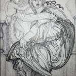 A drawing in black ink of a Sybil figure from the Sistine Chapel.