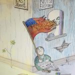 A simple line drawing, portraying a human sitting on a corner, holding a torn American flag and a sign that says "Where is My Home?"