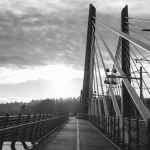A black and white photo of the path on Tilikum Crossing with a background of clouds and trees.