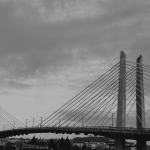 A black and white landscape photo of Tilikum Crossing.