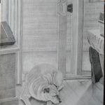 A graphite drawing of a sleeping beagle mix laying in the bottom center of the image on a wood linoleum floor in between a wooden chest and table, and in front of a sliding glass door that opens to a simple patio with a bamboo privacy screen in the background.