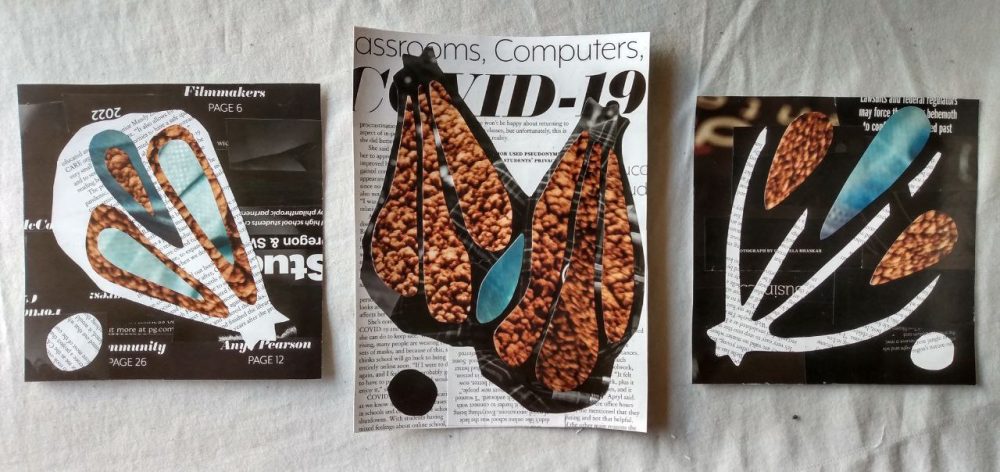 Three-images: the first is a white, partially abstracted bee wing with orange and blue tear drop shapes inscribed in the wing on a black background ; the middle image is a pair of partially abstracted black bee wings on a white background with blue and orange shapes inscribed in the wings ; the third panel is a partially abstracted white broken bee's wing on a black background, the orange and blue shapes are separated from the shape, all on a black background ; the backgrounds and main shapes of the wings are all made from paper with text on them.