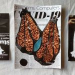 Three-images: the first is a white, partially abstracted bee wing with orange and blue tear drop shapes inscribed in the wing on a black background ; the middle image is a pair of partially abstracted black bee wings on a white background with blue and orange shapes inscribed in the wings ; the third panel is a partially abstracted white broken bee's wing on a black background, the orange and blue shapes are separated from the shape, all on a black background ; the backgrounds and main shapes of the wings are all made from paper with text on them.