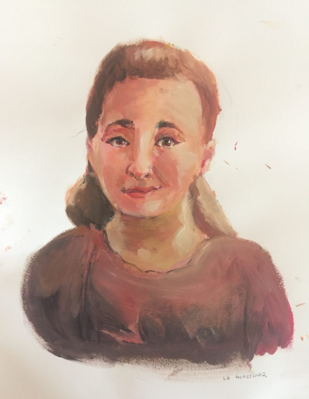 A color painting of a young woman in a frontal pose.