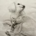 A drawing in black and white of a dog in profile looking at a person off the right of the image.