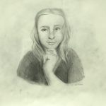 A portrait of a young woman in black and white.