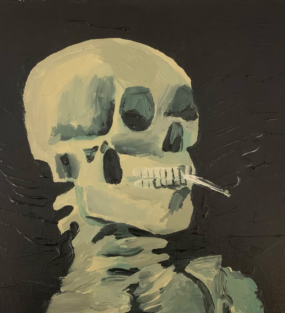 A painting of a skeleton leaning back with a lit cigarette in its mouth.
