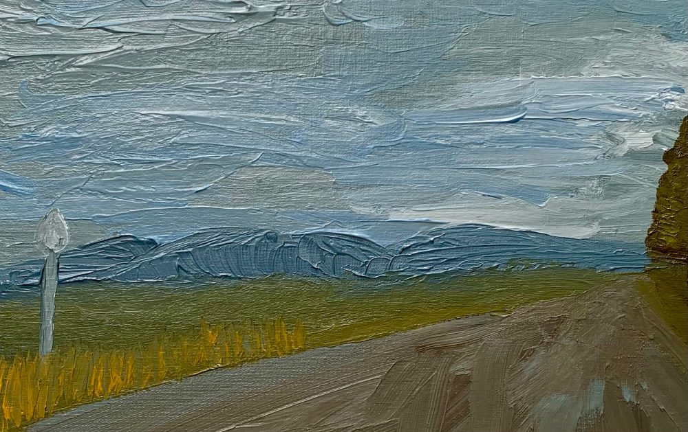 A silver lamp post lines the left side of the painting, with the road stretching forward, towards a distant mountain range.