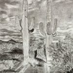 A black and white drawing of two saguaro cacti in the foreground with various desert plants and mountains in the background.