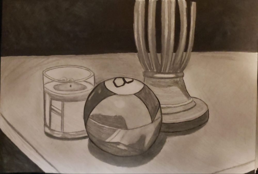 A black and grey drawing of a magic 8 ball, candle, and lamp on a surface with a black background.