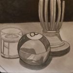 A black and grey drawing of a magic 8 ball, candle, and lamp on a surface with a black background.