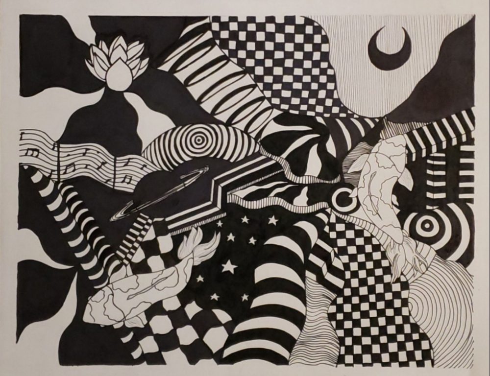 A black and white drawing with different visuals such as swirls, checkerboard, lines, and koi fish swimming over the different visuals.