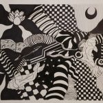 A black and white drawing with different visuals such as swirls, checkerboard, lines, and koi fish swimming over the different visuals.