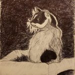 A black and white drawing of a cat sitting on a surface with a black background.
