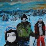 A painting with the mother color as blue. There are three figures in ski gear with first one taking the selfie and other two standing behind. A mountain, trees, and the ski lift is in the background. There is snow everywhere.