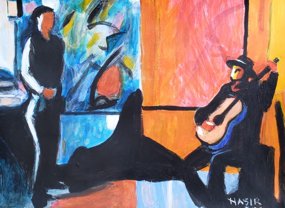 A painting with the left figure standing listening to the sitting figure playing a tune on a guitar. The left has blue tones and the right side has orange tones.