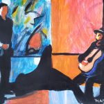 A painting with the left figure standing listening to the sitting figure playing a tune on a guitar. The left has blue tones and the right side has orange tones.