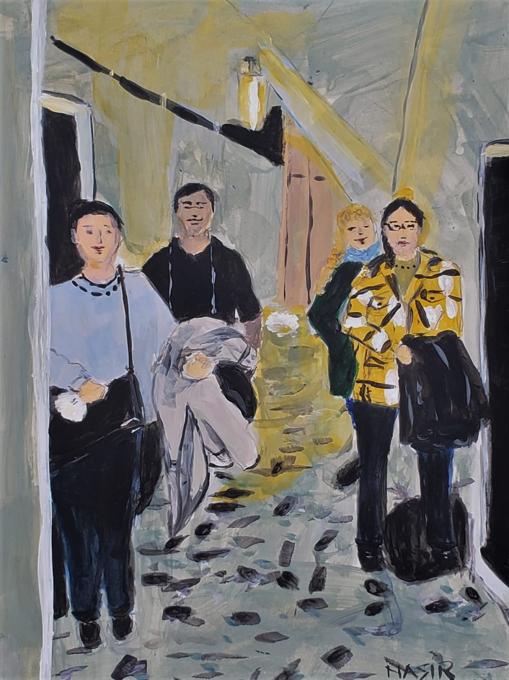 A painting of four people posing in a hallway.