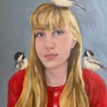 A blonde woman in a red shirt looks out from the canvas. On her head and shoulders are three chickadees.