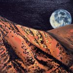 A snowy mountain-side is bathed in orange light. On the right side of the painting a giant moon rises over the mountain.