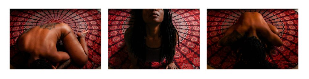 A Self-portrait triptych symbolizing deep surrender to the creative process of unfoldment; being, becoming and unbecoming through fixed space.