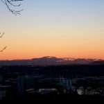 Picture looking east over the Tilikum Crossing Bridge towards the mountains.