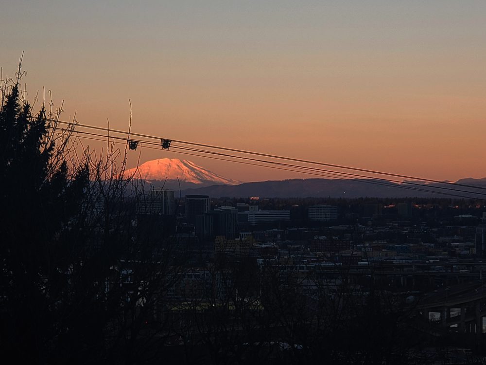 Looking northeast over Downtown Portland at Mt. Adams in Washington.