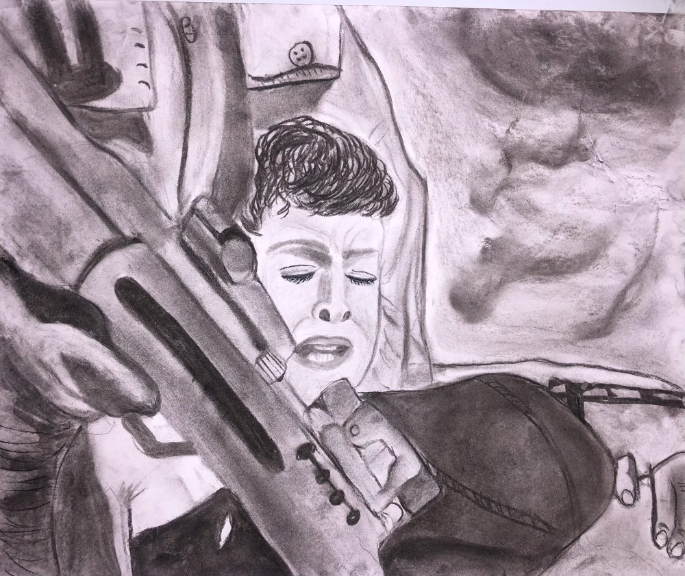 Drawing of a child crying with their head framed by an automatic rifle held in the hands of an adult.