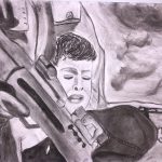 Drawing of a child crying with their head framed by an automatic rifle held in the hands of an adult.